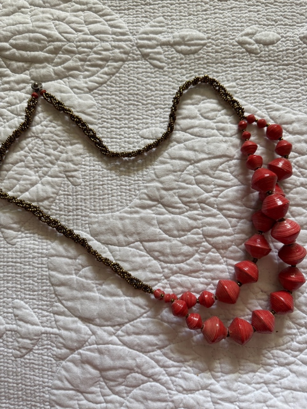 Double-Strand Red Beaded Necklace with Twisted Metallic Strand